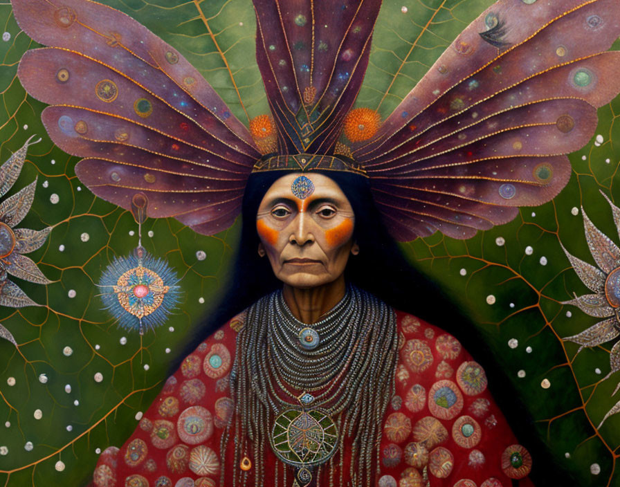 Portrait of person with indigenous features in vibrant headdress and ornate jewelry against green background
