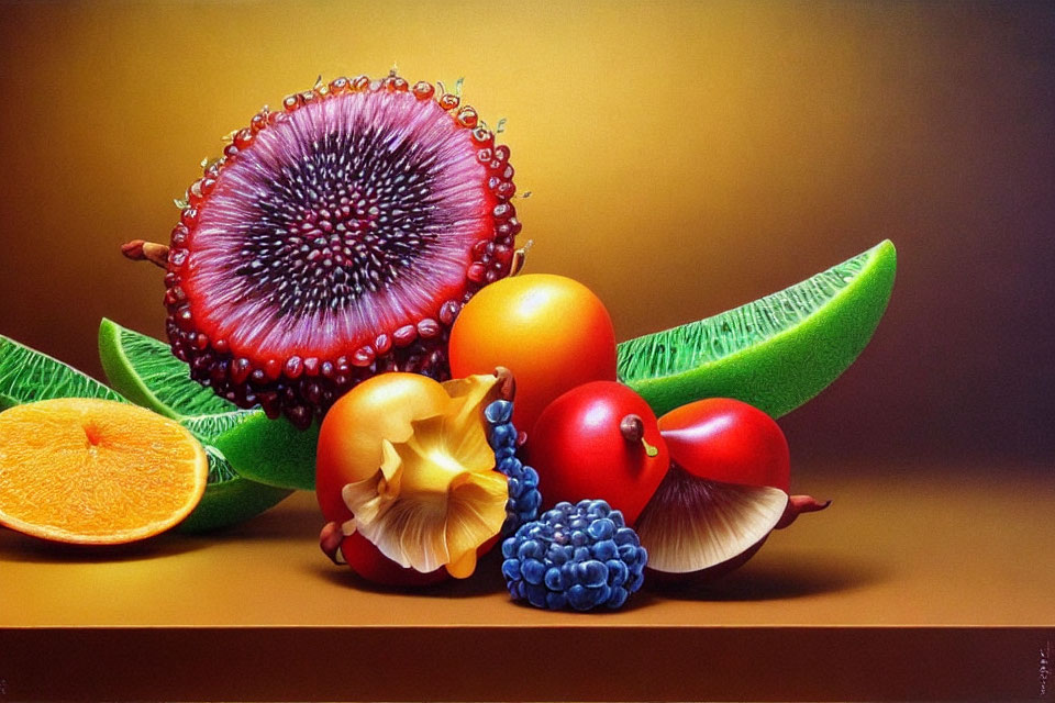 Colorful still life painting of assorted fruits with water droplets