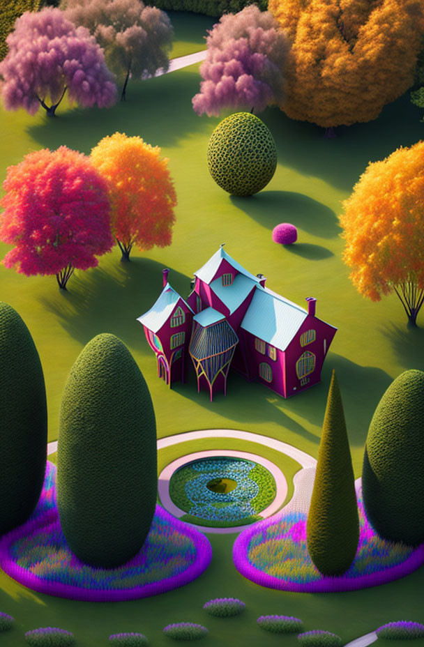 Colorful landscape with pink fantasy house, vibrant trees, hedges, pond, and decorative balls