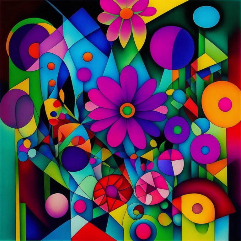 Vibrant Abstract Painting with Geometric and Floral Patterns