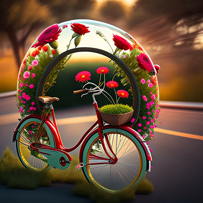 Surreal red bicycle with floral front wheel on sunset road