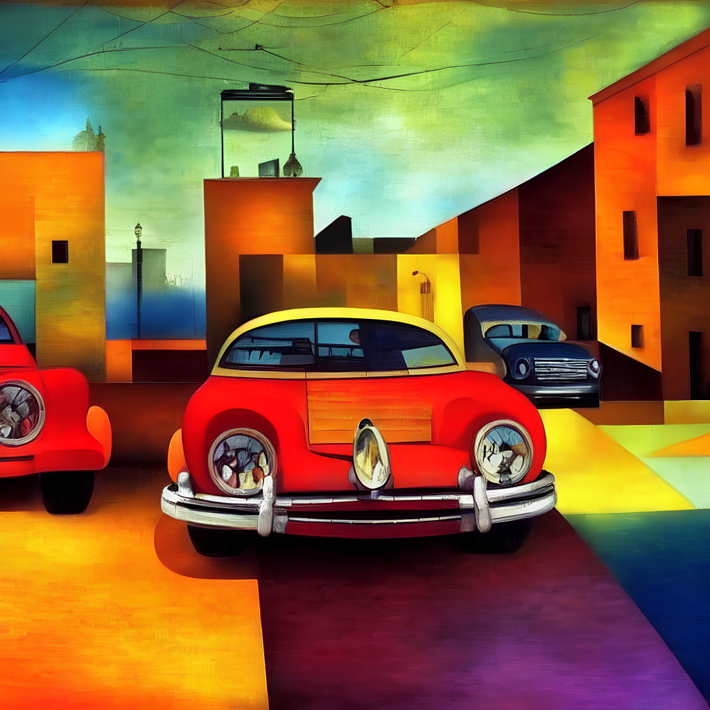 Colorful Artwork of Vintage Cars on Geometric Street with Surreal Architecture