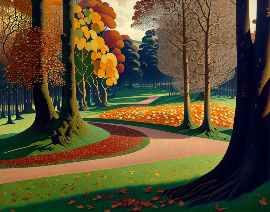 Scenic autumn landscape with winding path and vibrant trees