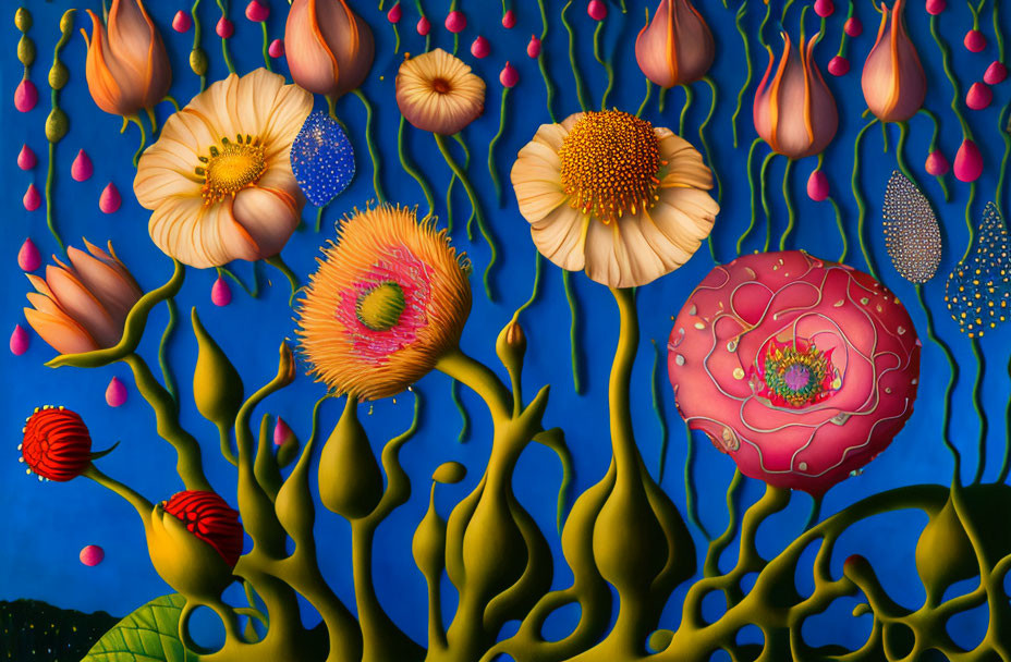 Colorful Stylized Fantastical Flower Painting with Blue Background