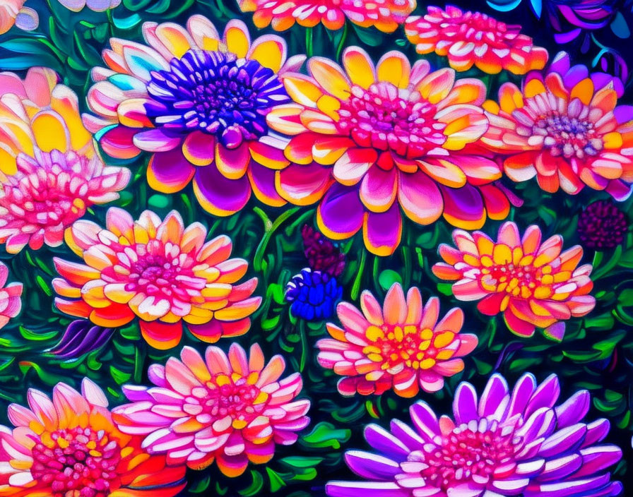 Colorful painting of pink and purple daisy-like flowers on leafy backdrop