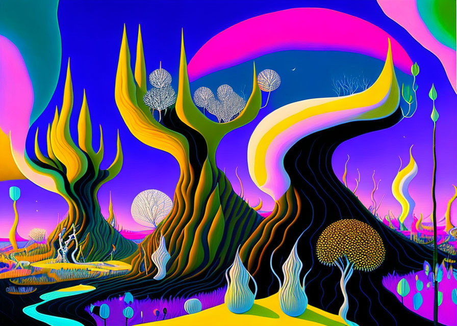 Colorful Psychedelic Landscape with Neon Colors and Fantastical Trees