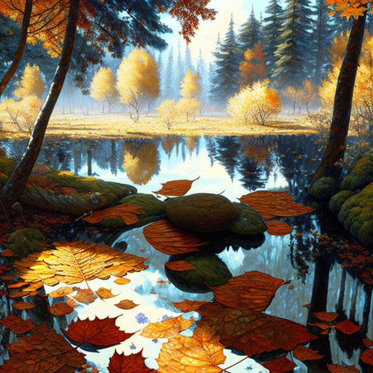 Tranquil autumn pond with colorful trees and fallen leaves
