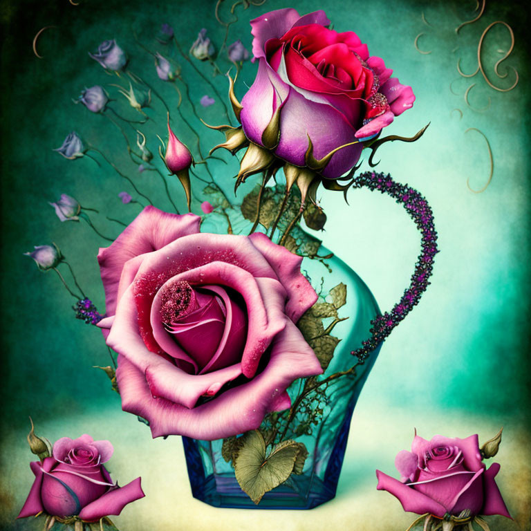 Pink roses with water droplets in full bloom and budding on whimsical background.