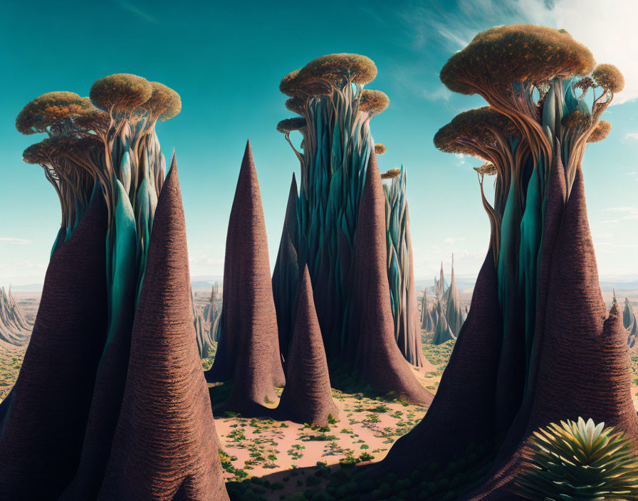 Unique surreal landscape with towering mushroom-like trees and cone-shaped formations under a blue sky