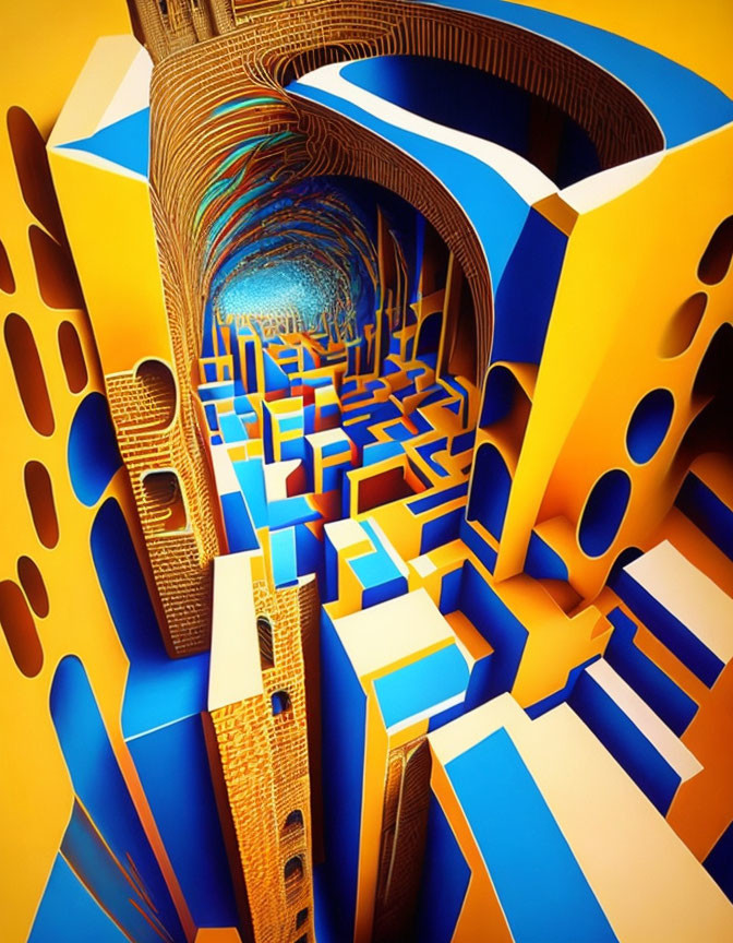 Vibrant abstract artwork: Escher-style structure, intertwining paths, archways, blue &