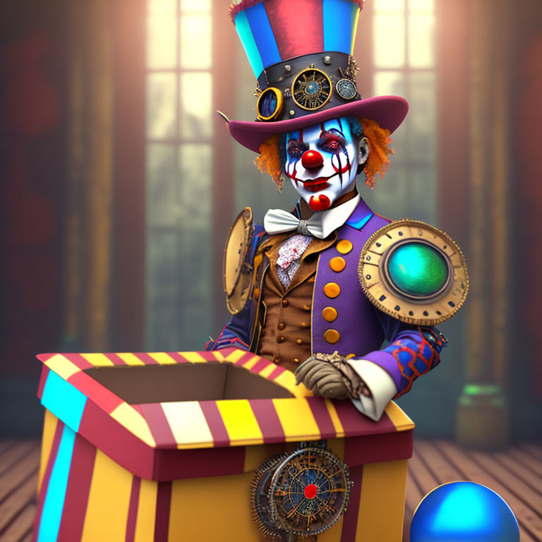 Steampunk-style clown in colorful attire and top hat emerging from a striped box in gear-filled room