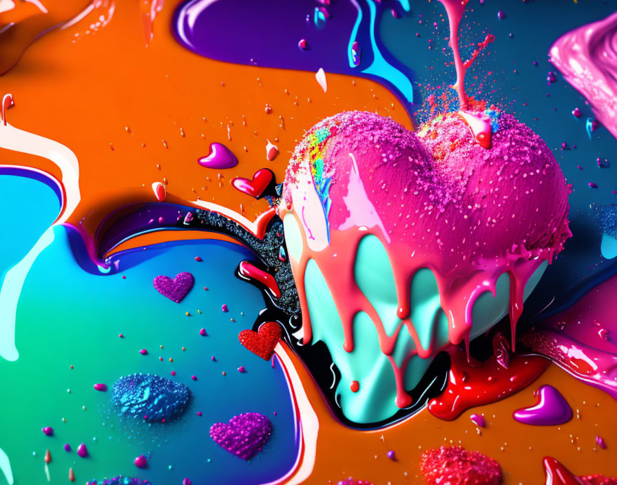 Colorful Melting Heart in Glossy Liquid Swirls