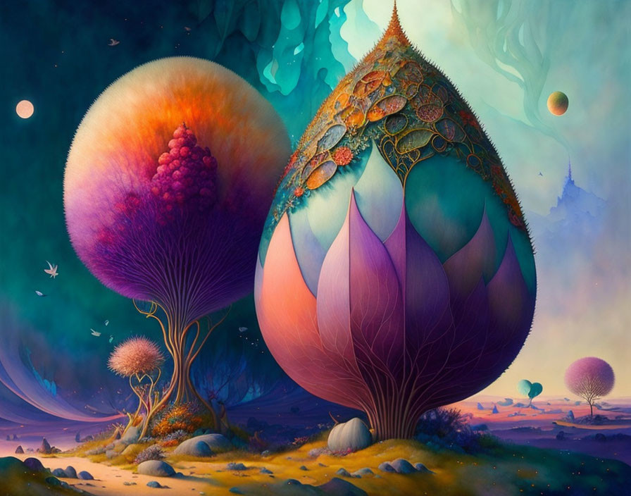 Vibrant surreal landscape with oversized flora and floating orbs