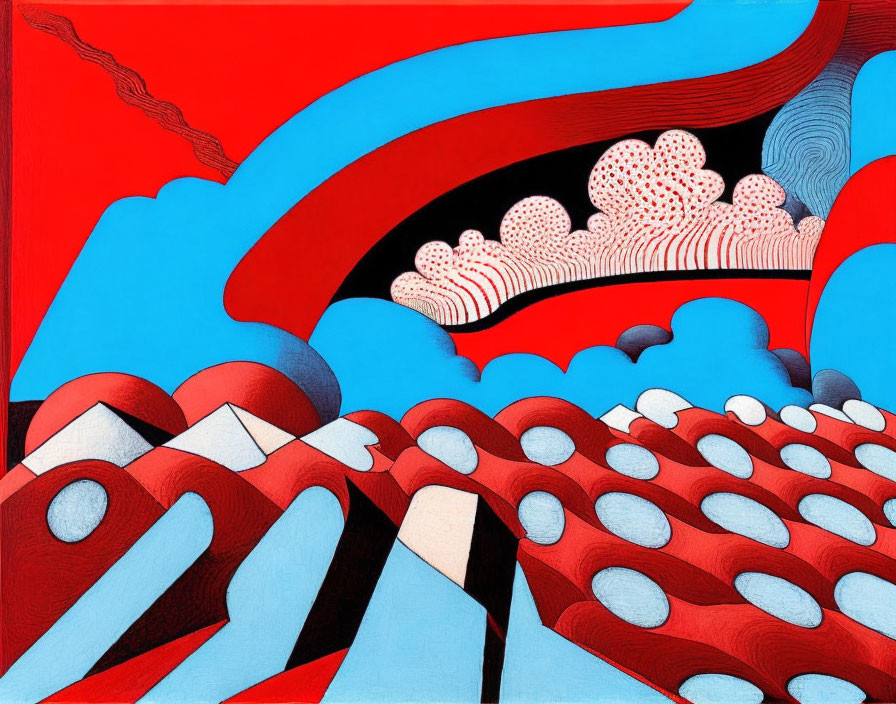 Vibrant red, white, and blue abstract graphics with surreal wave-like landscape