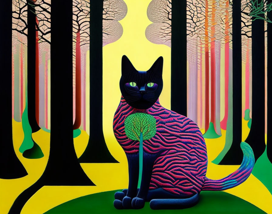 Colorful psychedelic forest background with stylized black cat - vibrant artwork