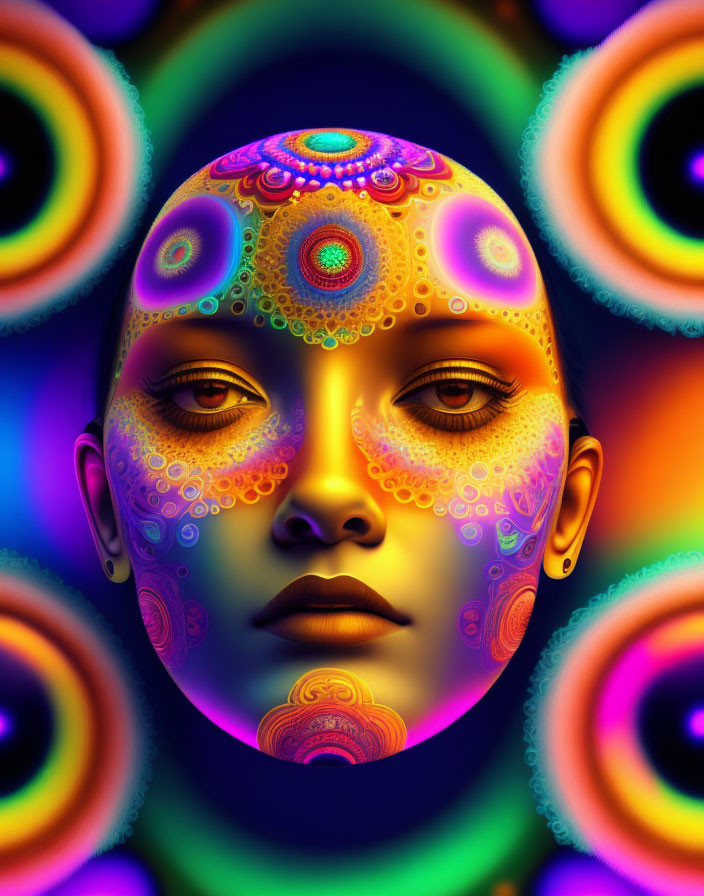 Colorful Psychedelic Face Artwork with Circular Designs on Dark Background