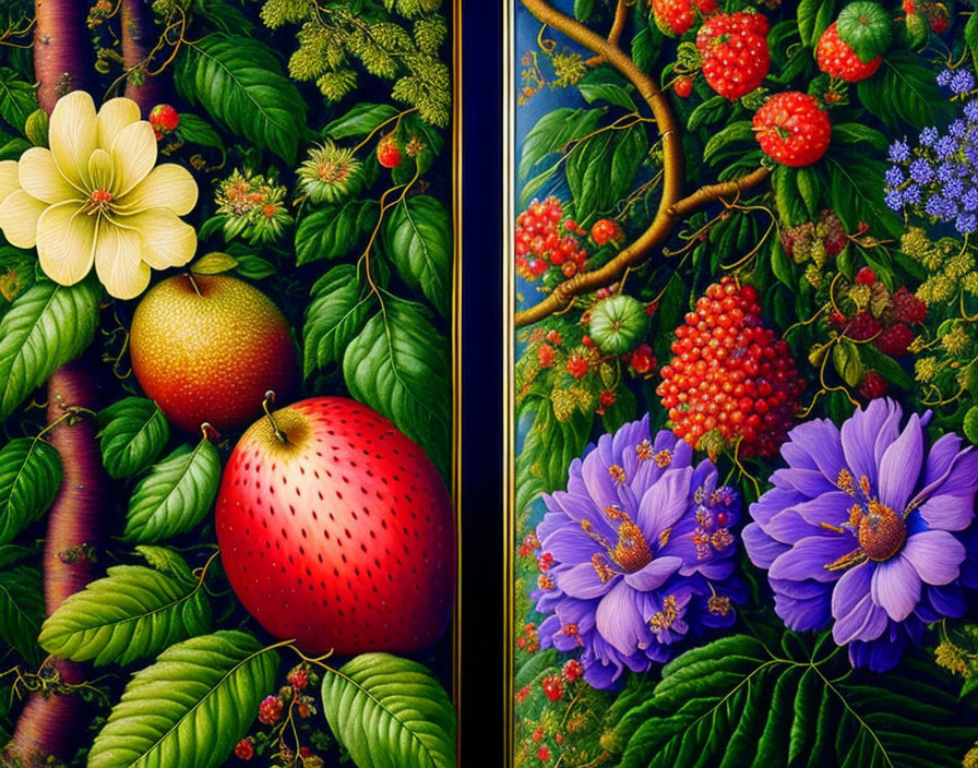 Colorful fruit and blossom painting with strawberries, yellow fruit, purple flowers, and berries