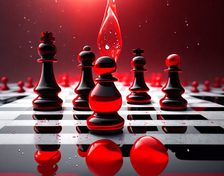 Glossy Chessboard with Black Pieces and Red Lighting