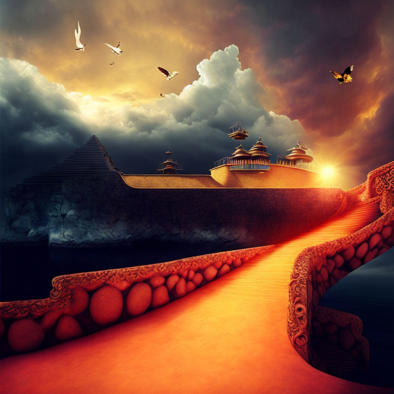 Surreal landscape with fiery pathway, temples, Great Pyramid, soaring birds, dramatic sky