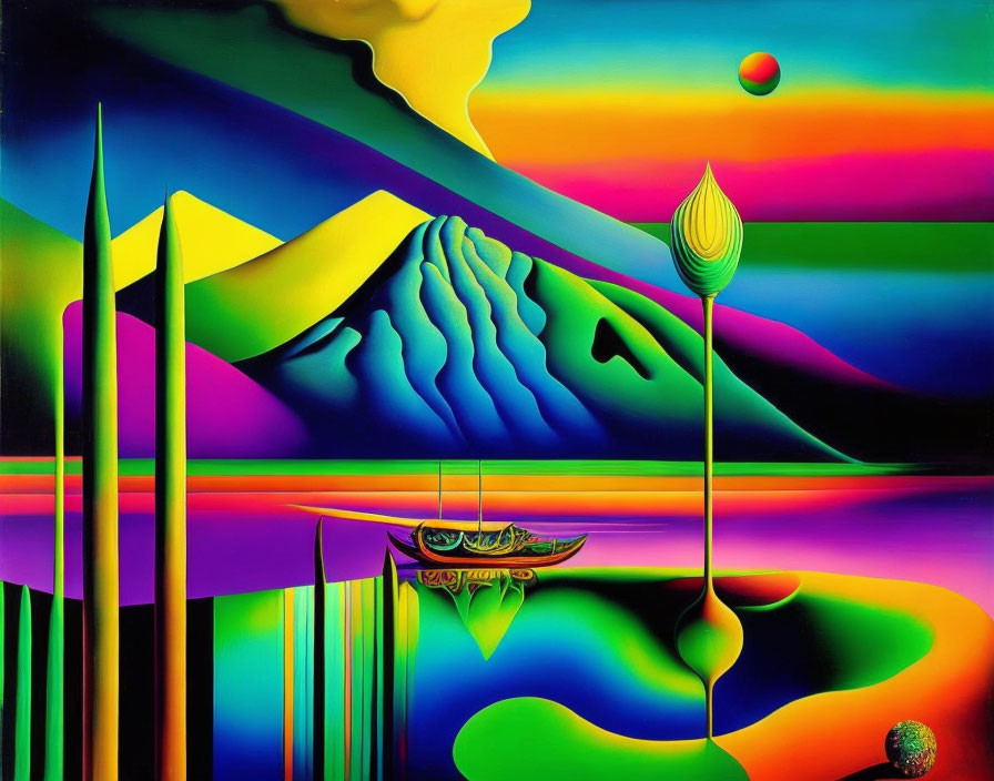 Colorful surreal landscape with geometric shapes, stripes, gradients, mountain, leaf forms, and boat.