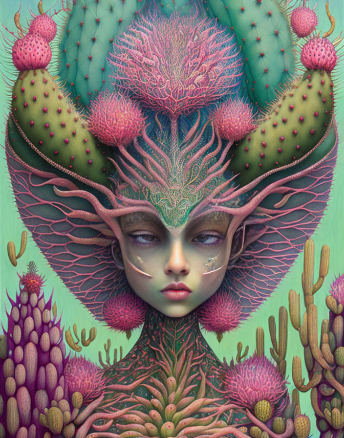 Surreal portrait featuring figure with cactus-floral headpiece and leafy patterns.