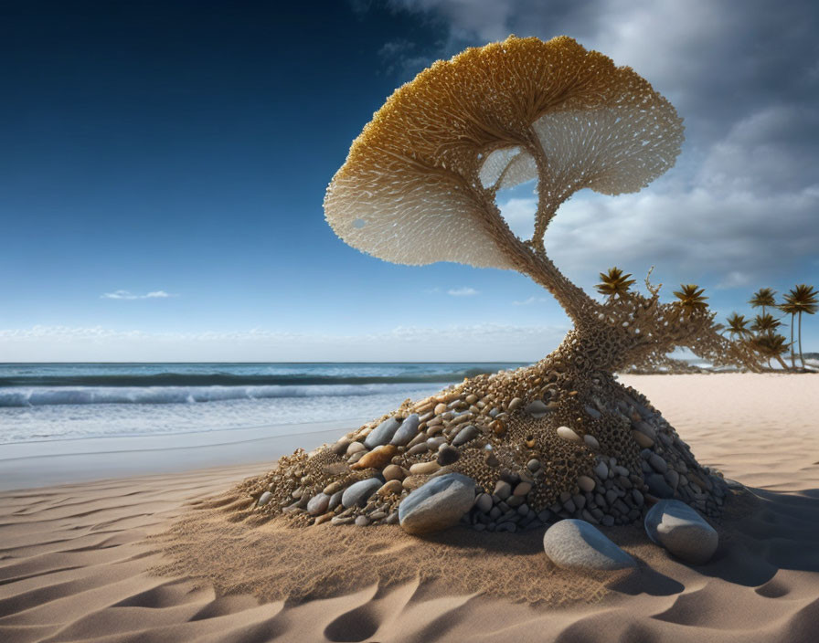 Whimsical mushroom-like tree on sandy beach under blue sky