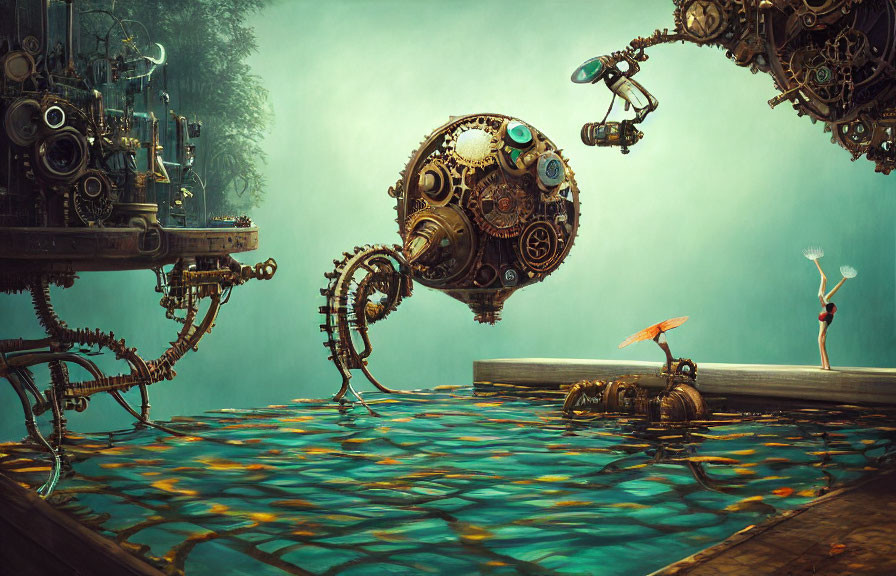 Surreal steampunk scene featuring mechanical seahorse and figures in foggy setting