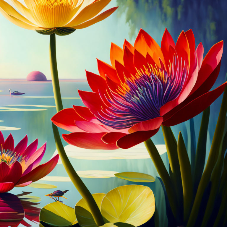 Colorful Lotus Flowers on Blue Water with Boat and Setting Sun