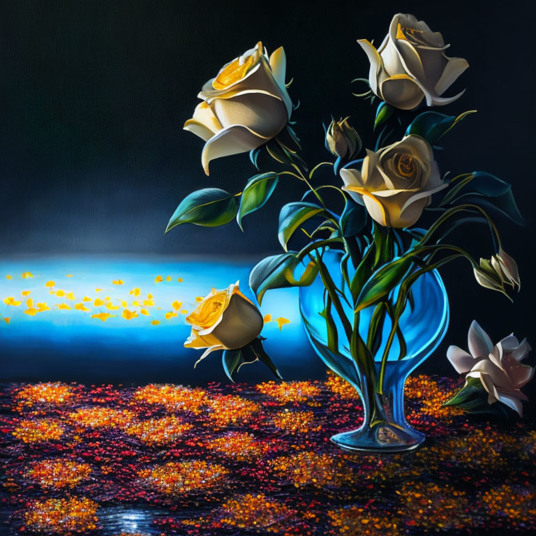 Colorful painting of yellow roses in blue vase on dark background
