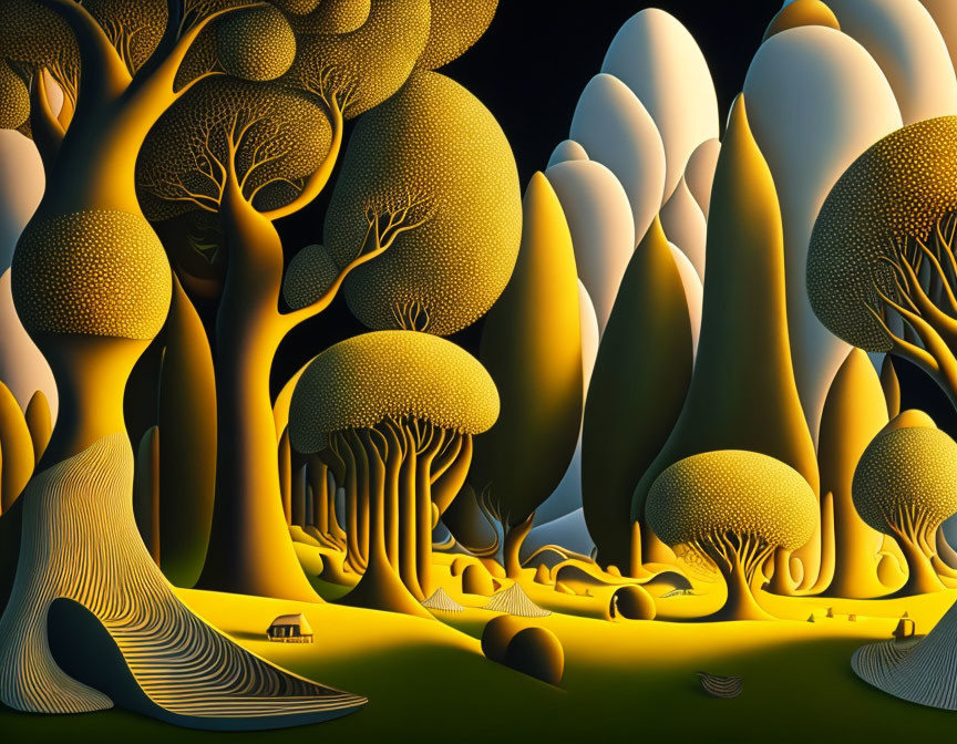 Surreal forest with golden dome-shaped trees under dark sky