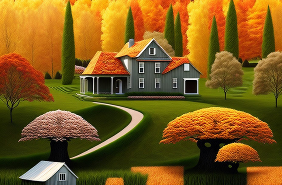 Gray house with blue roof in autumn landscape with winding path