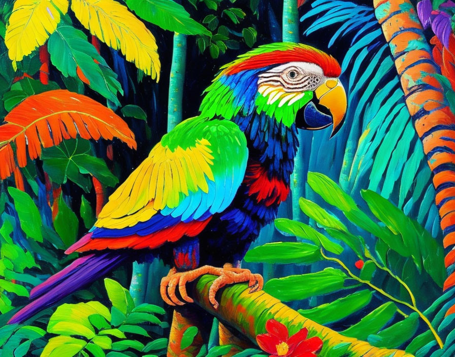 Colorful Parrot Painting on Branch in Tropical Foliage
