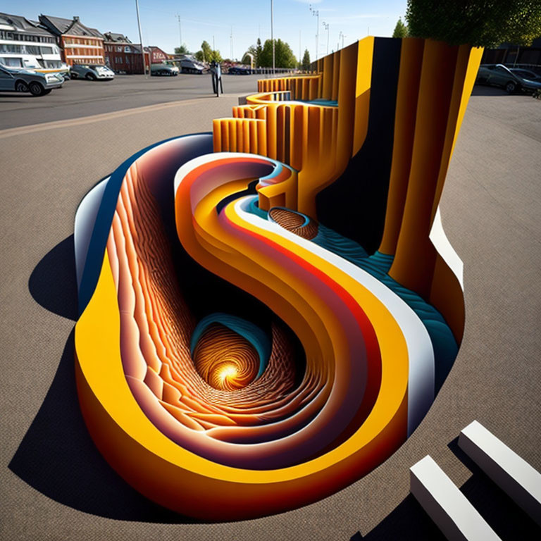 3D street art optical illusion of swirling abyss on urban road