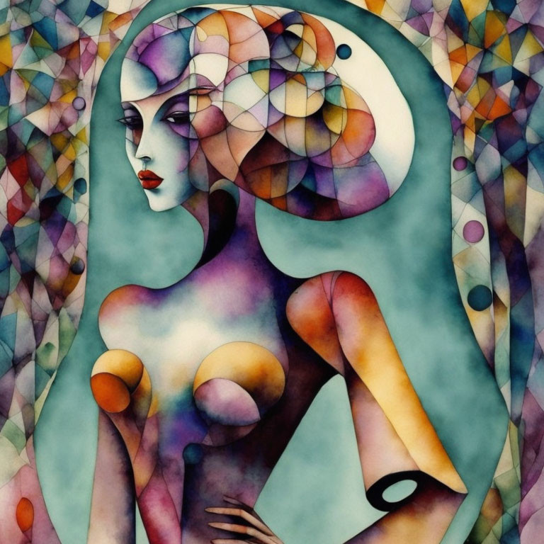 Colorful Abstract Watercolor Painting of Stylized Female Figure