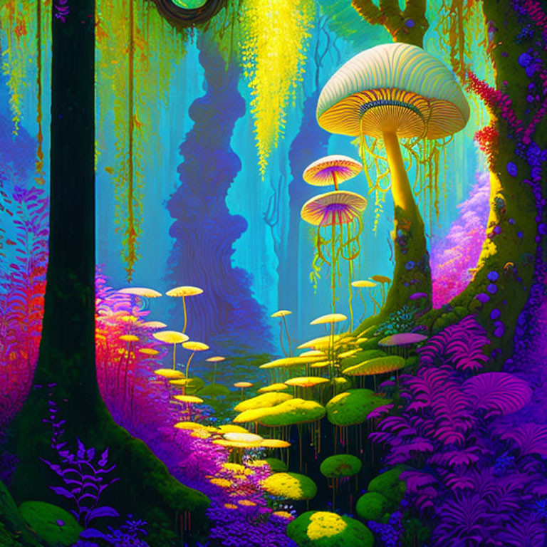 Fantasy forest with oversized mushrooms and colorful foliage