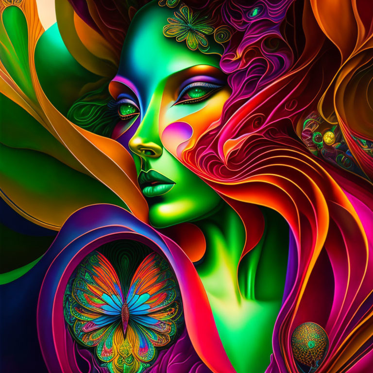 Colorful digital art: Woman with green skin in vibrant, psychedelic setting