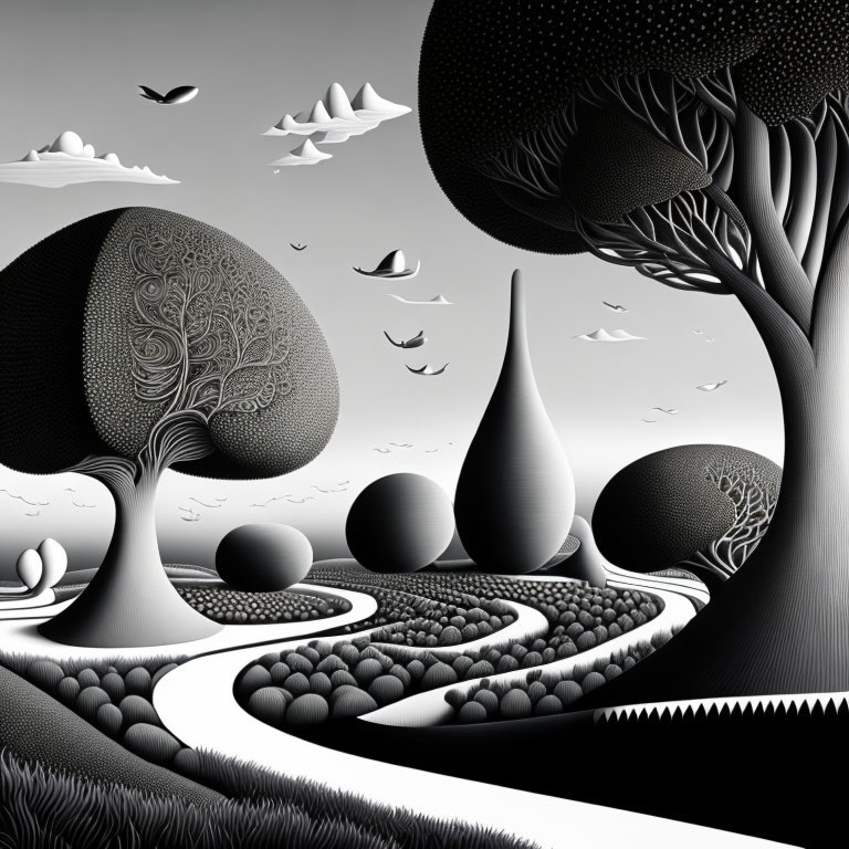 Monochrome surreal landscape with stylized trees and flying birds