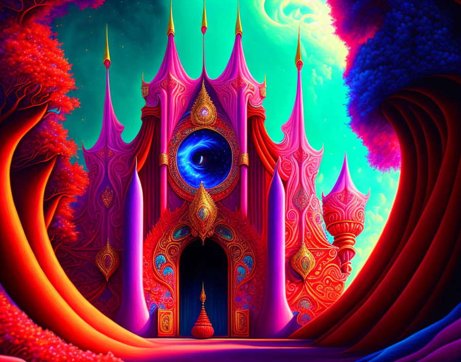 Colorful surreal artwork: fantastical castle with eye motif, whimsical trees, psychedelic sky