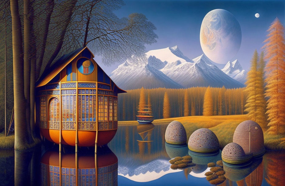 Surreal Victorian house by lake with futuristic pods, ship, forest, mountains, oversized moon