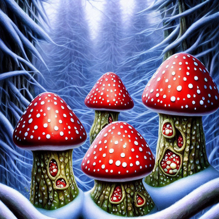 Vibrant red-capped mushrooms in winter forest scene