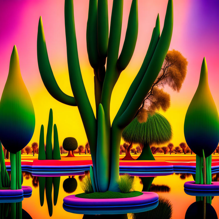 Colorful digital art landscape with stylized trees and plants against a surreal sky