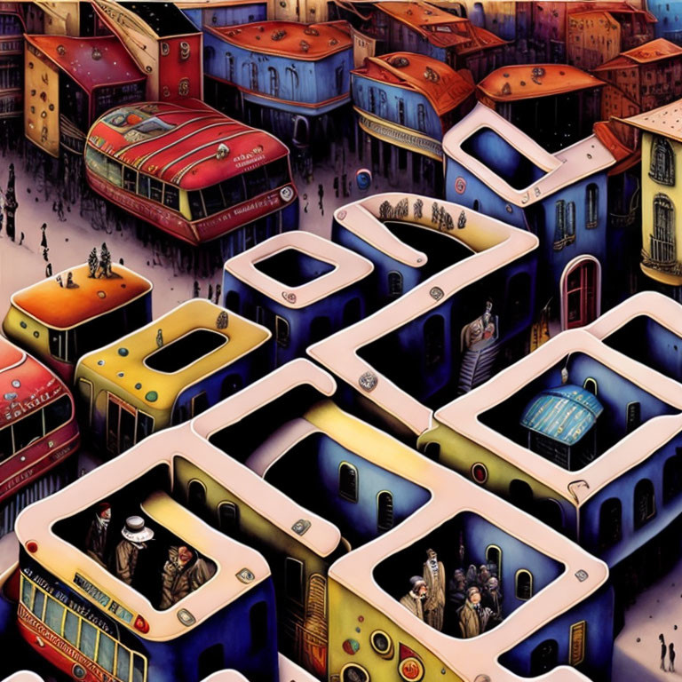 Surreal urban landscape with Tetris-shaped buildings and tiny figures