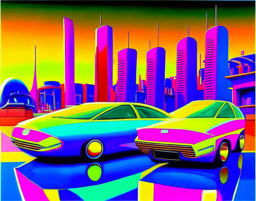 Vibrant Retro-Futuristic Cars in Abstract Cityscape