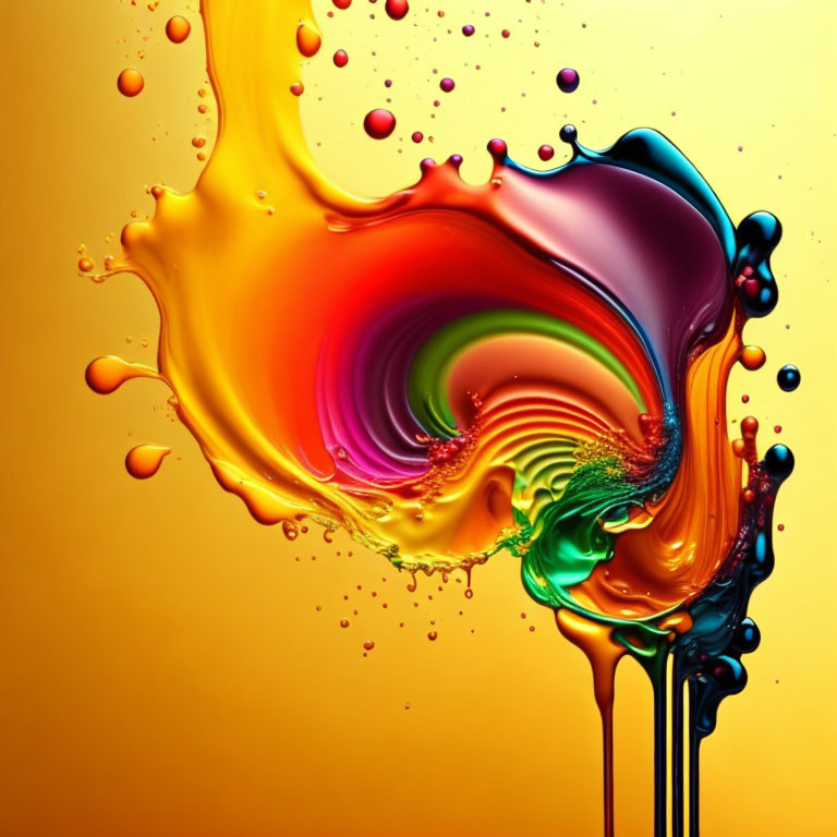 Abstract Multicolored Liquid Swirl on Yellow Background