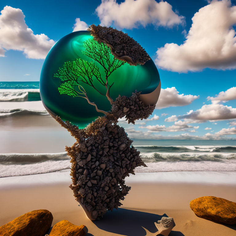 Surreal tree in translucent sphere on vibrant beachscape