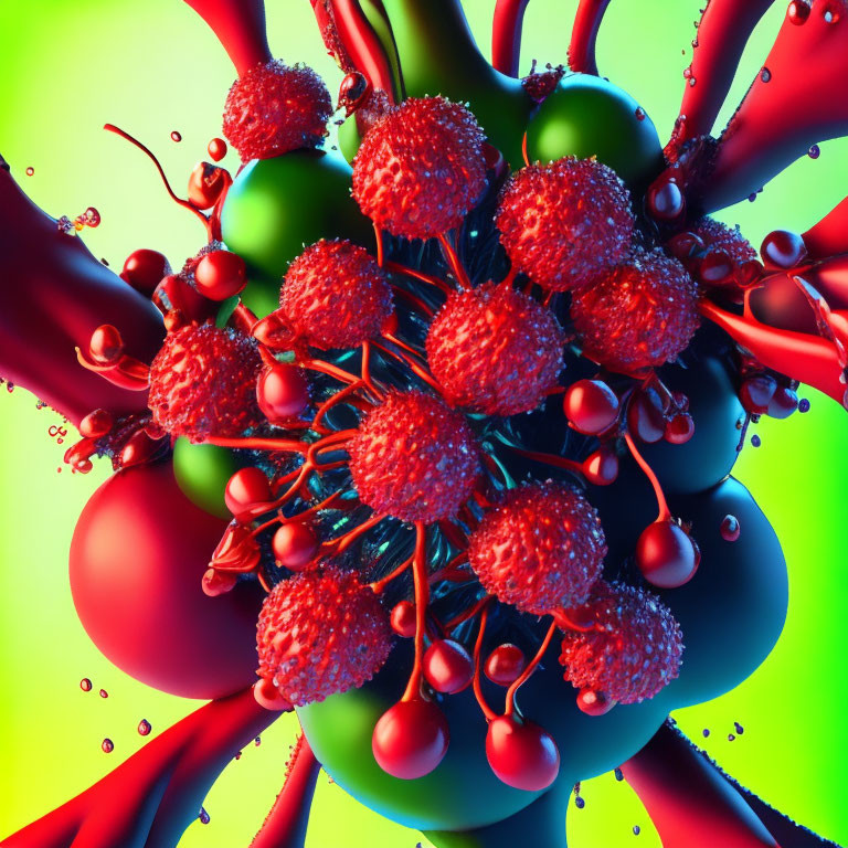 Vibrant 3D Illustration of Red Virus-like Particles on Green and Yellow Gradient Background