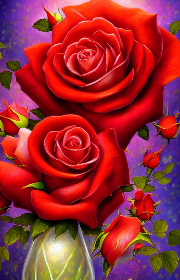 Vivid painting of large red roses in translucent vase on purple background