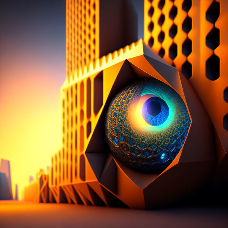 Futuristic cityscape with stylized eye in geometric structures at sunset