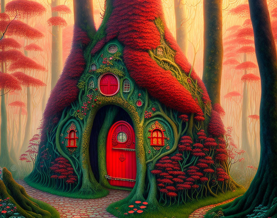Illustration of Moss-Covered Treehouse in Mystical Forest