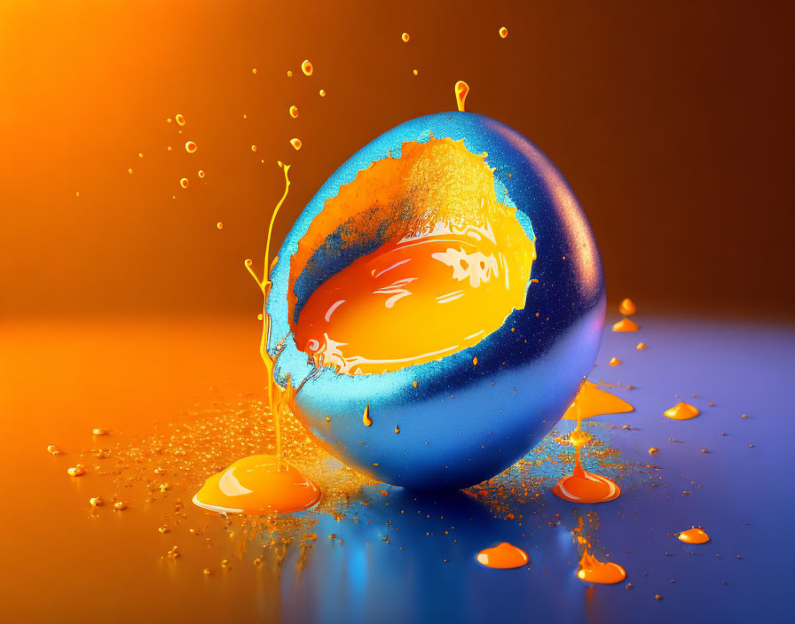 Shiny blue-orange sphere with gold liquid splash on cracked surface